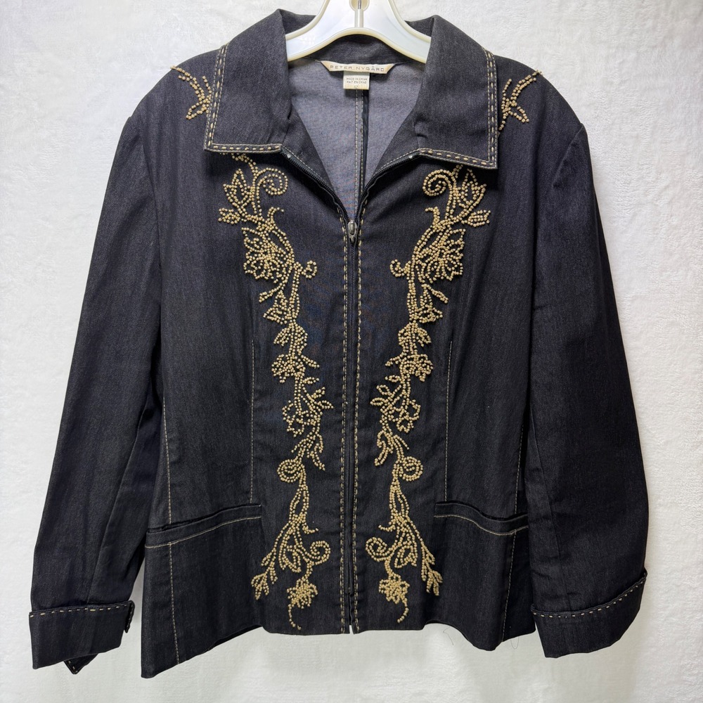 Peter Nygard Womens 12 Dark Wash Denim Black Blazer Beaded Floral Contrast